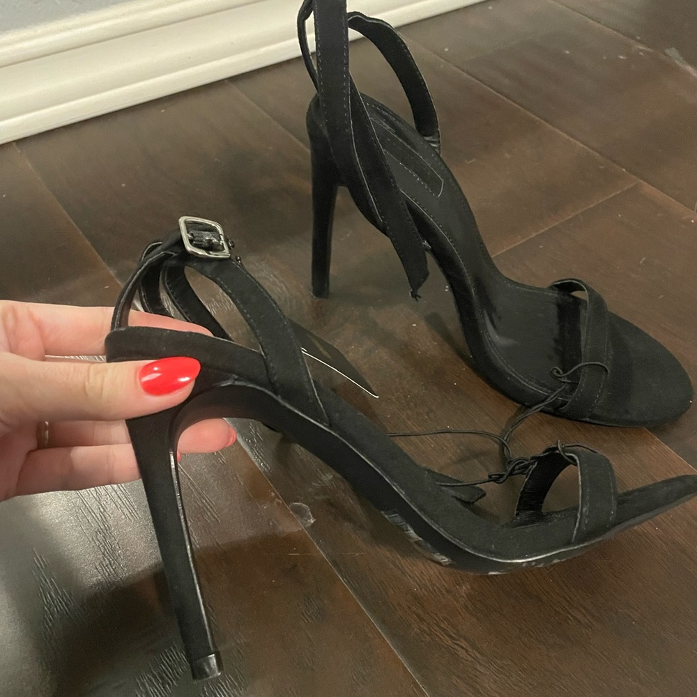 Faux suede black ankle strap heels